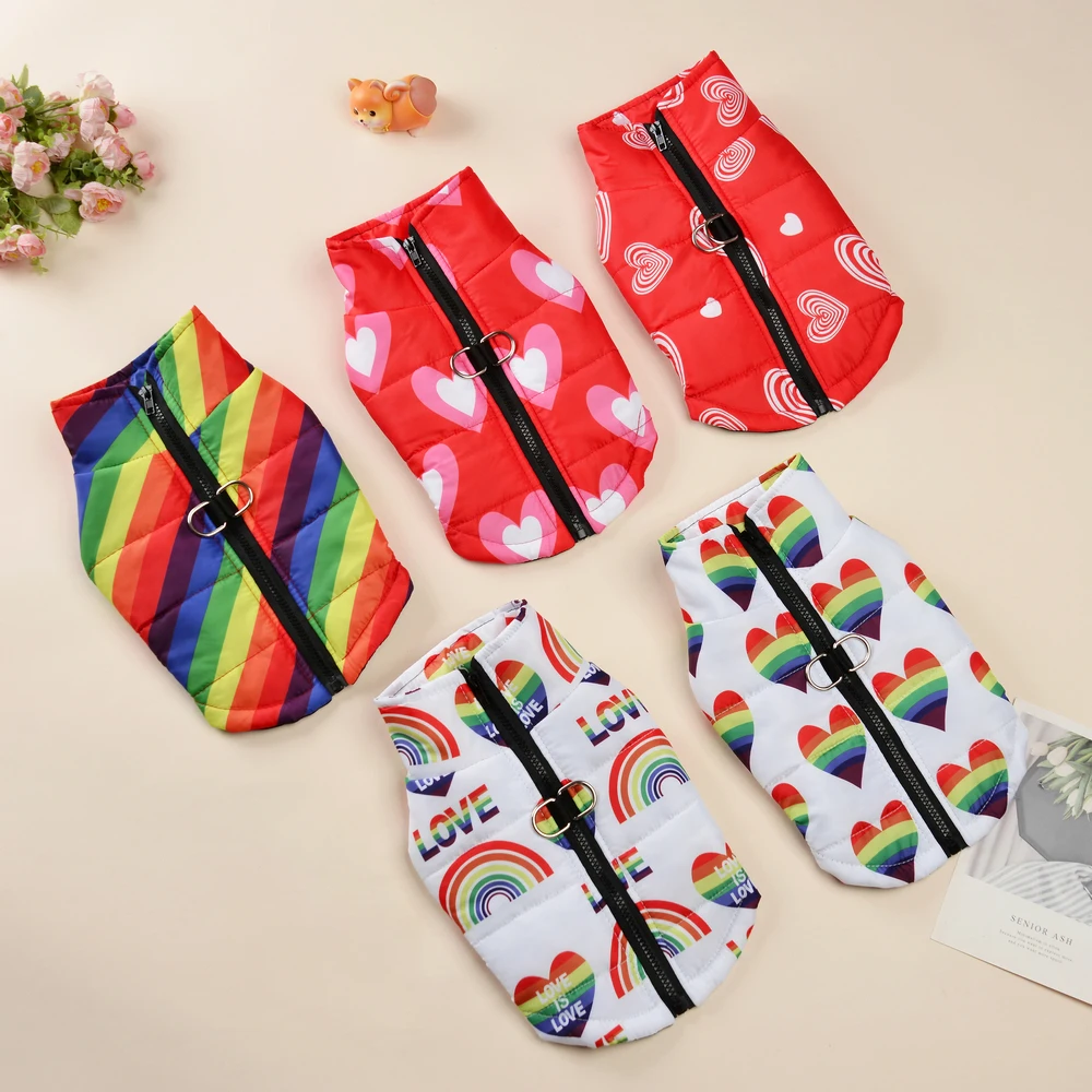 Ropa cálida para perros pequeños y medianos, abrigo impermeable con estampado de arco iris para mascotas, chaqueta para cachorros de invierno con disfraz de Pug con anillo en D - imagen 2