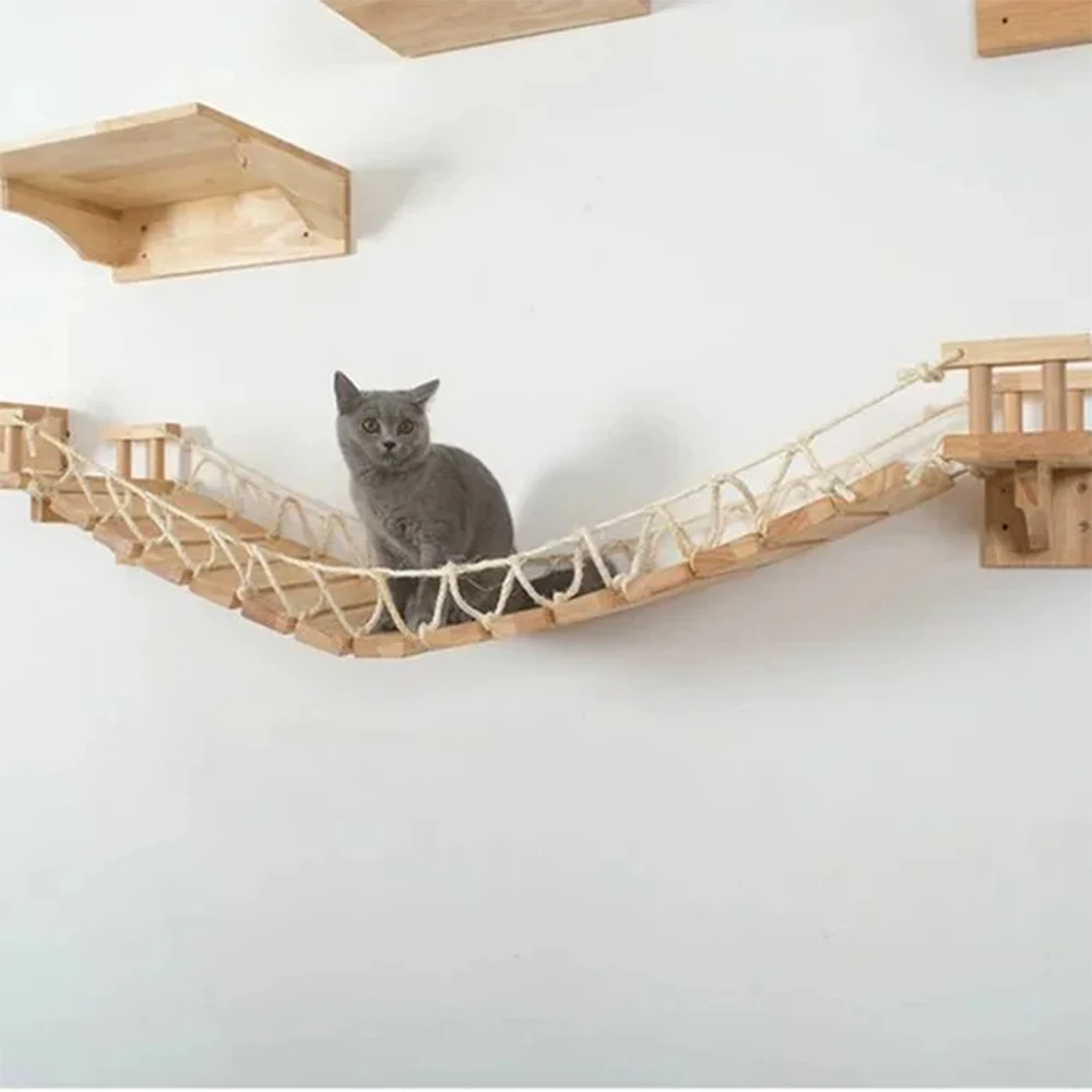 Puente de madera para gatos montado en la pared con red de cuerda, camino de escalada resistente y cómodo para gatos de interior, muebles para gatos que ahorran espacio - imagen 5