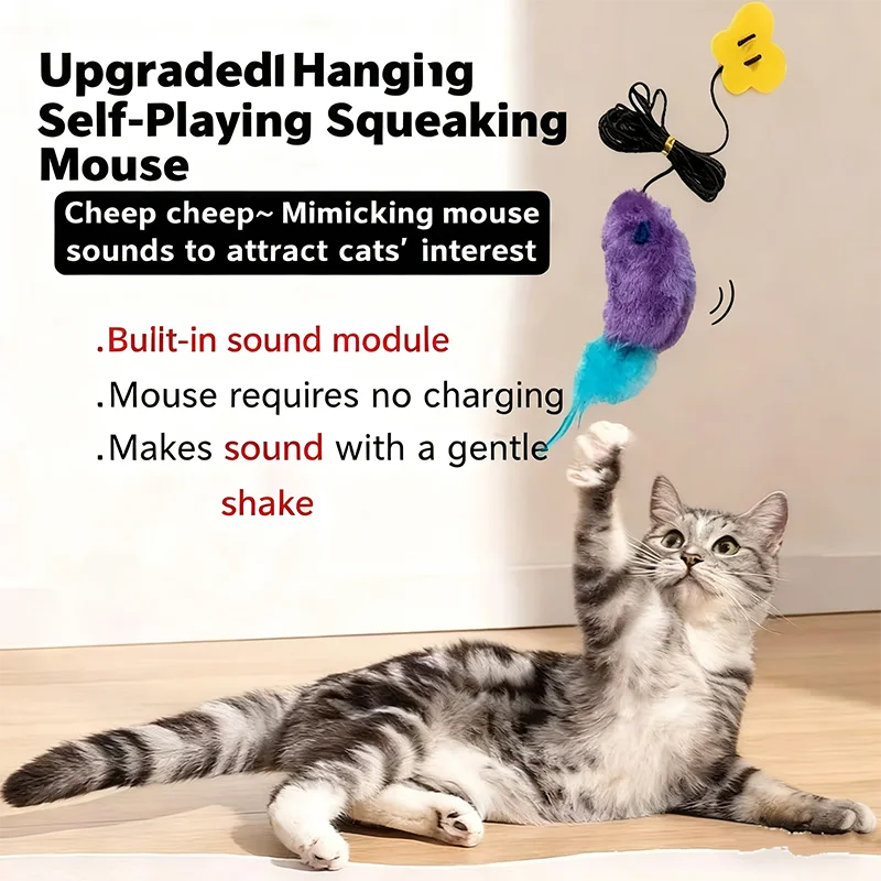 Juguete autoentrenante para gatos, palo colgante simulado con plumas, ratón pequeño, suministros para gatos