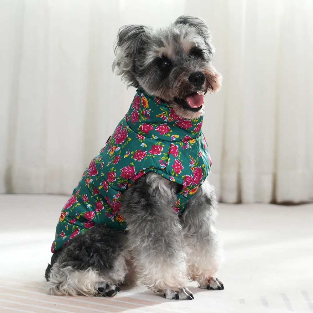 Ropa de invierno para perros pequeños, disfraz impermeable para cachorros y gatos, chaqueta divertida con flor grande para mascotas con anillo de correa, trajes para Pug y Chihuahua - imagen 5