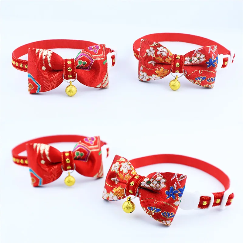 Collar de satén rojo Feliz Año Nuevo, lazo de gato de estilo chino, bonito collar de perro y gato de Año Nuevo, accesorios para mascotas - imagen 2