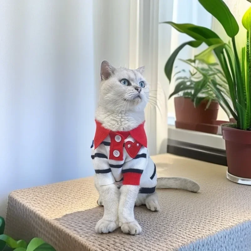 Otoño e Invierno cárdigan tejido para mascotas suéter perro gato POLO a rayas ropa para mascotas ropa para perros y gatos - imagen 2