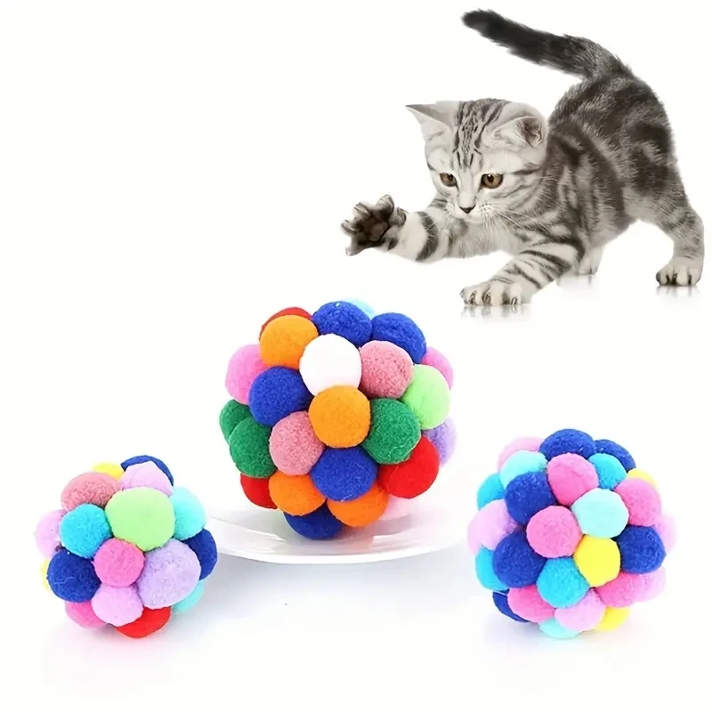 1/3 Uds. Juguetes para gatos, pelota de peluche para gatos, pelota de campana elástica para mascotas, pelota de lana colorida para jugar al gato - imagen 5
