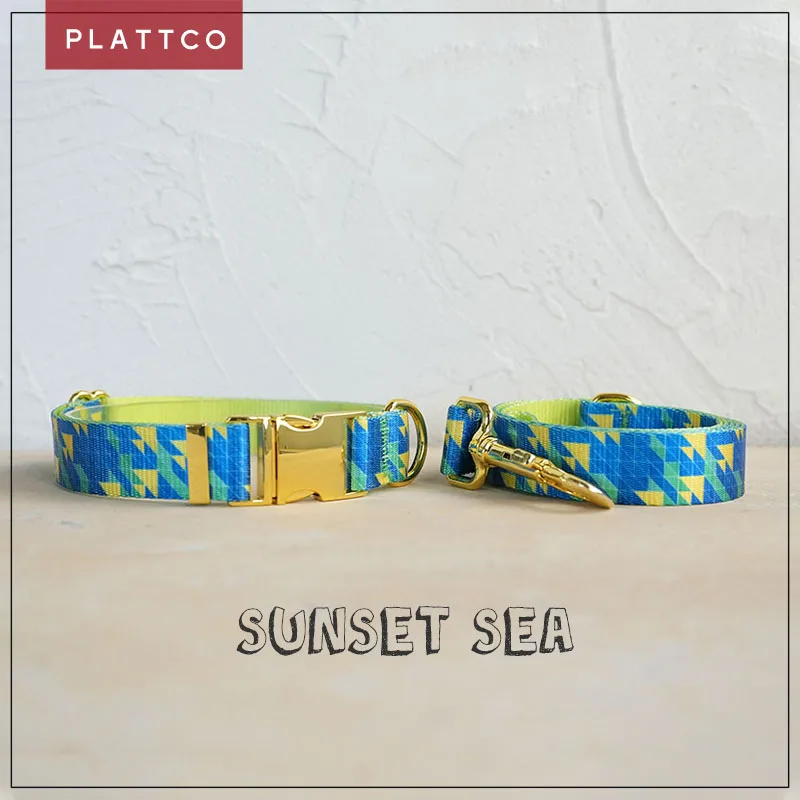 Collar y correa para perro Sunset Sea con hebilla dorada