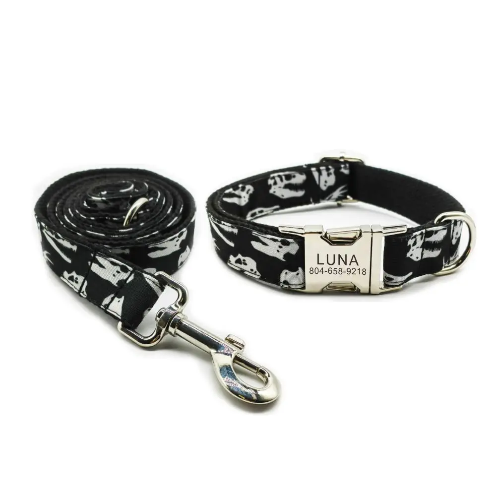 Collar de perro personalizado con grabado gratuito, correa para mascotas a juego, hebilla de Metal de contactos personalizados, Collar para mascotas con esqueleto negro