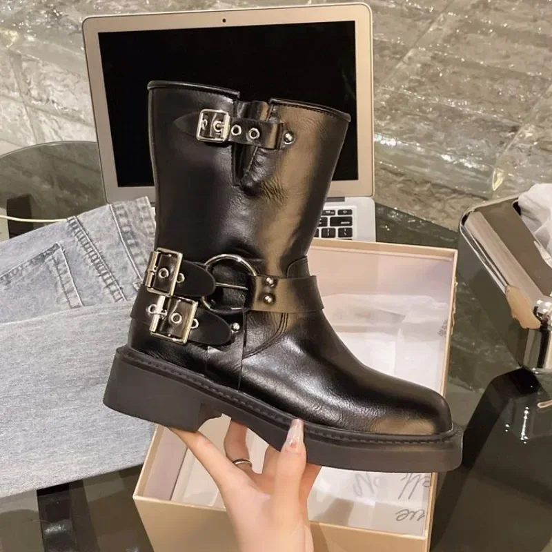 Botines de mujer otoño trabajo moda elegante Punk nuevo en negro lujo tacón bajo punta redonda cuero Dropshipping centro calzado - imagen 2