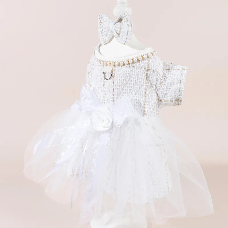 Vestido de boda para mascotas, abrigo de otoño e invierno para perros, falda de malla de retales de lana para gatos, vestido con lazo, ropa para perros pequeños y cachorros - imagen 2