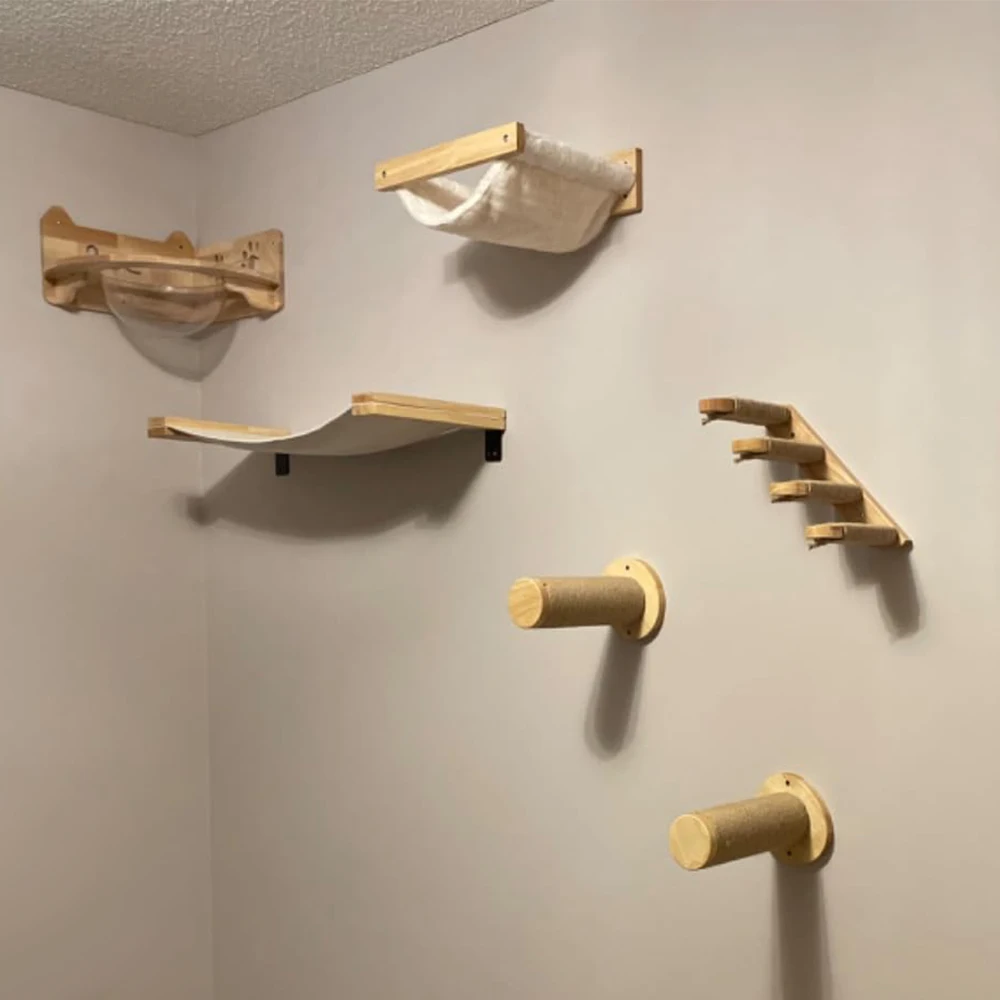 Hamaca de escalada de madera montada en la pared para gatos, árbol para gatos, escalera de cuatro escalones, poste de rascado de Sisal, Pedal para gatitos para jugar - imagen 4