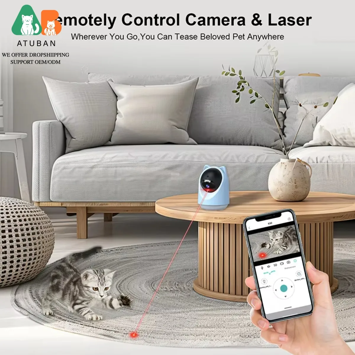 ATUBAN Monitor para mascotas, juguete láser interactivo automático para gatos, cámara inalámbrica para mascotas, Control giratorio, orientación, visor láser para mascotas - imagen 5