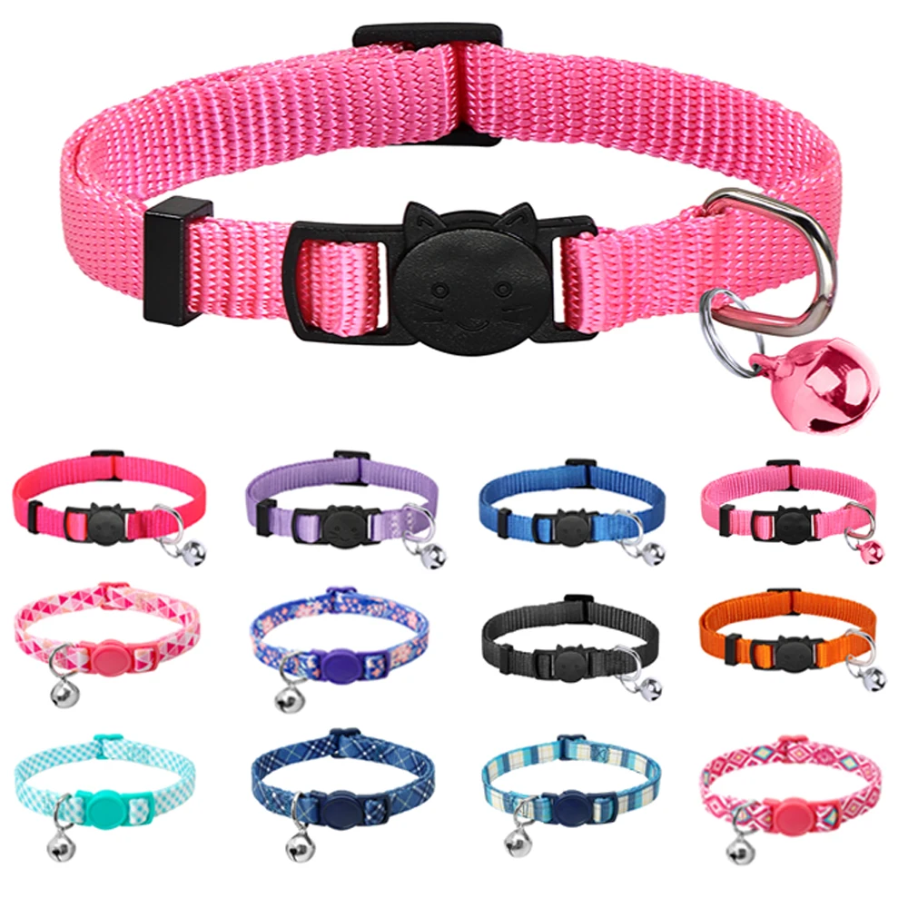Collar de nailon de liberación rápida para gato, Collar ajustable con campana, accesorios para cachorros y gatos, color rosa
