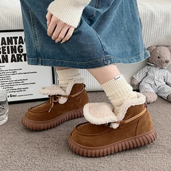 Botas de nieve de gamuza peluda con parte inferior gruesa para mujer, botines de piel esponjosa con cordones y plataforma gruesa, zapatos cálidos de felpa para mujer