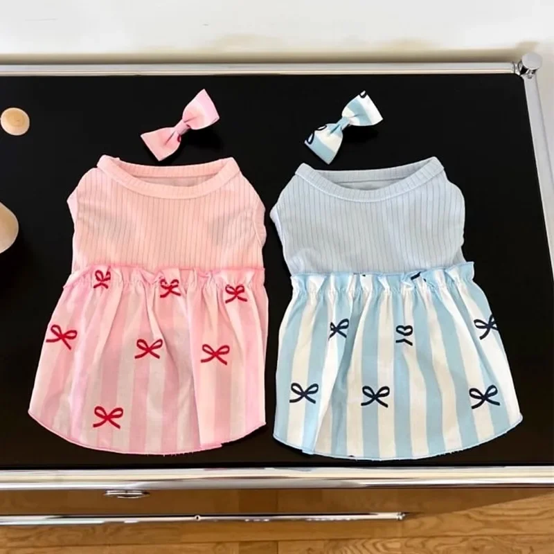 Ropa de verano con estampado de lazo para perros, vestido de princesa a rayas para cachorros, jersey de peluche con doble bloques de colores, falda Bichon Frise sin horquilla - imagen 4