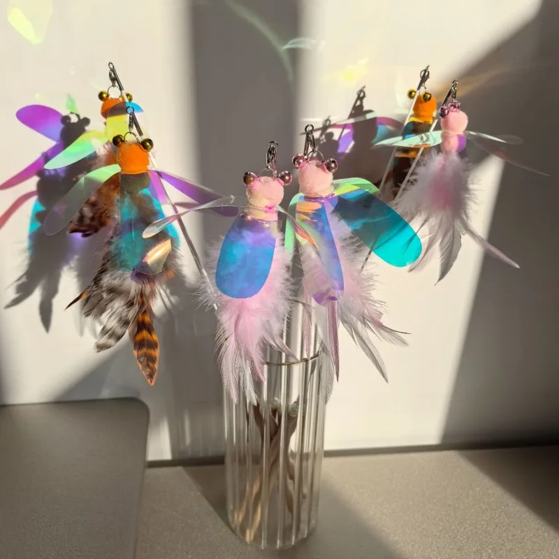 Juguetes para gatos, palo de plumas, juguete interactivo para gatos, insectos, juguete para gatos, mango de madera, rompecabezas para gatitos con campana, juguetes para gatos de plumas, suministros para mascotas - imagen 3