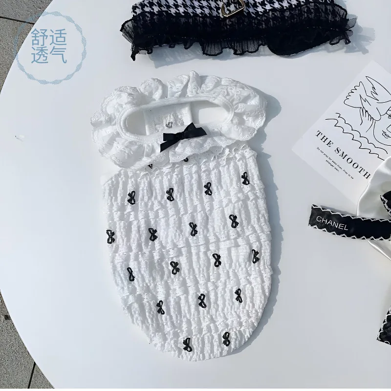 Summer White Bubble Check Pet Clothes Two Legs Dog Clothes Bichon Frise Teddy Bow Lace Dress Yorkshire Solid Color Sling - imagen 3