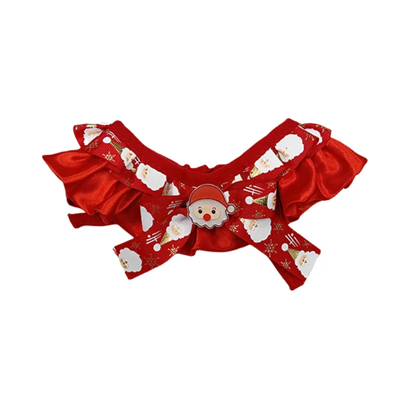 Decoración navideña de cuello festivo para mascotas de Papá Noel con lazo con volantes y accesorio estampado de muñeco de nieve para vacaciones de perros pequeños y gatos - imagen 4