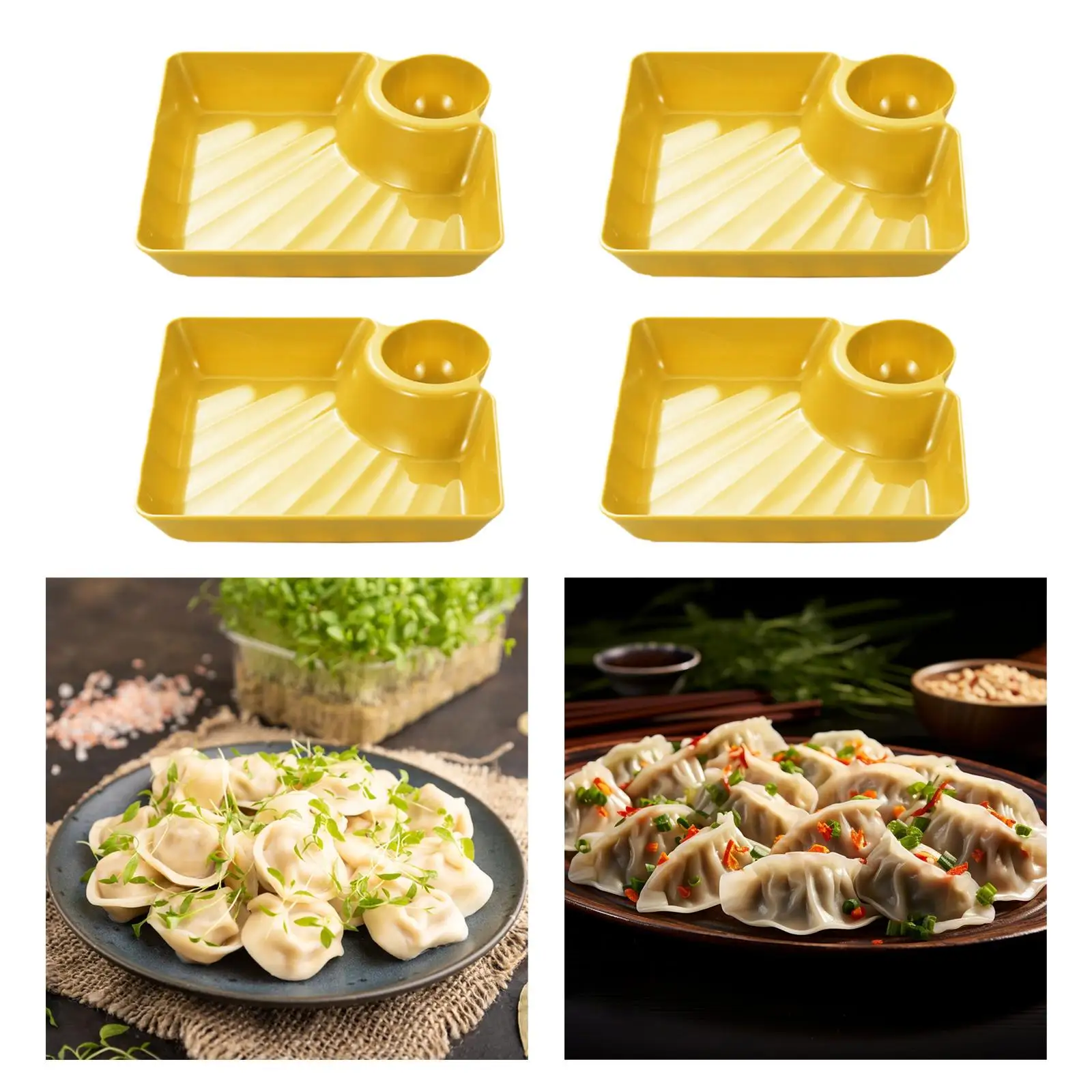 4 Pieces Dumpling Plate with Dipping Saucer Serving Plates Snack Plate for Celebrations Noodles Fries Chips Chicken Nuggets