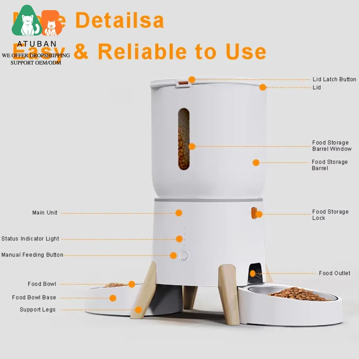 ATUBAN Dispensador automático de alimentos para mascotas Alimentador inteligente Operación de doble potencia La batería de respaldo garantiza una horario de comidas ininterrumpidas - imagen 3