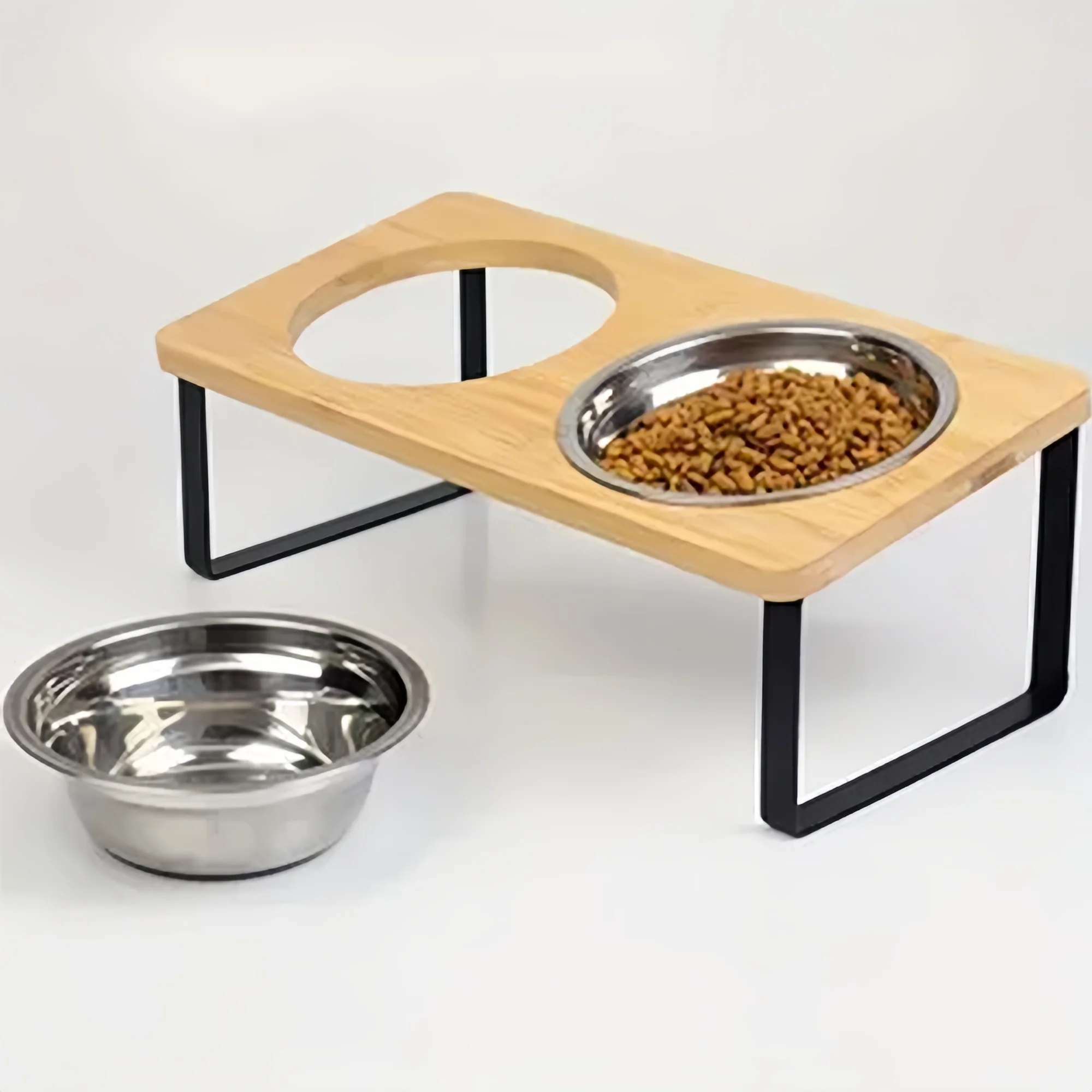 Elevated Double Cat Bowl Stand Wooden Board with Metal Legs 2 Stainless Steel Bowls for Cats Eating and Reducing Neck Strain - imagen 5