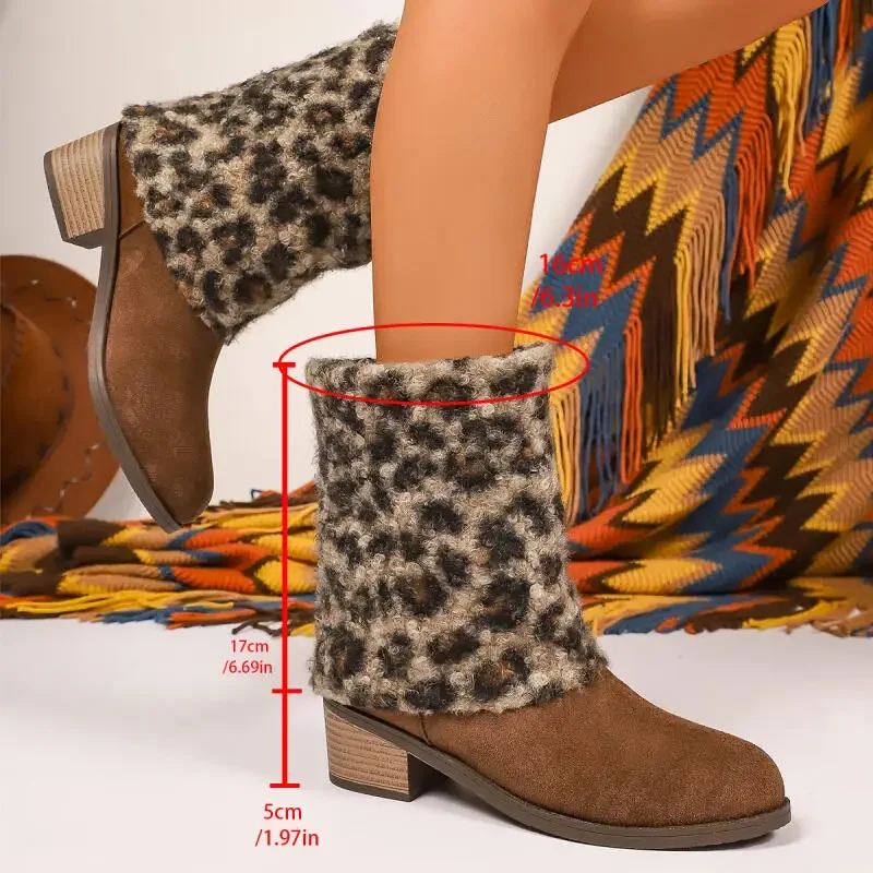 Botas de media pantorrilla de tacón grueso de lana de leopardo para Mujer, Botas cortas de diseñador de ante de lujo para invierno, Botas de talla grande, zapatos para Mujer - imagen 3
