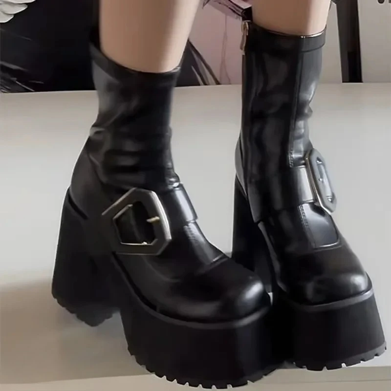 Botines de moda con bloqueo de Metal para mujer, botas de caballero con manga de refuerzo y plataforma que combinan con todo, tacón Ultra alto, primavera 2025 - imagen 5