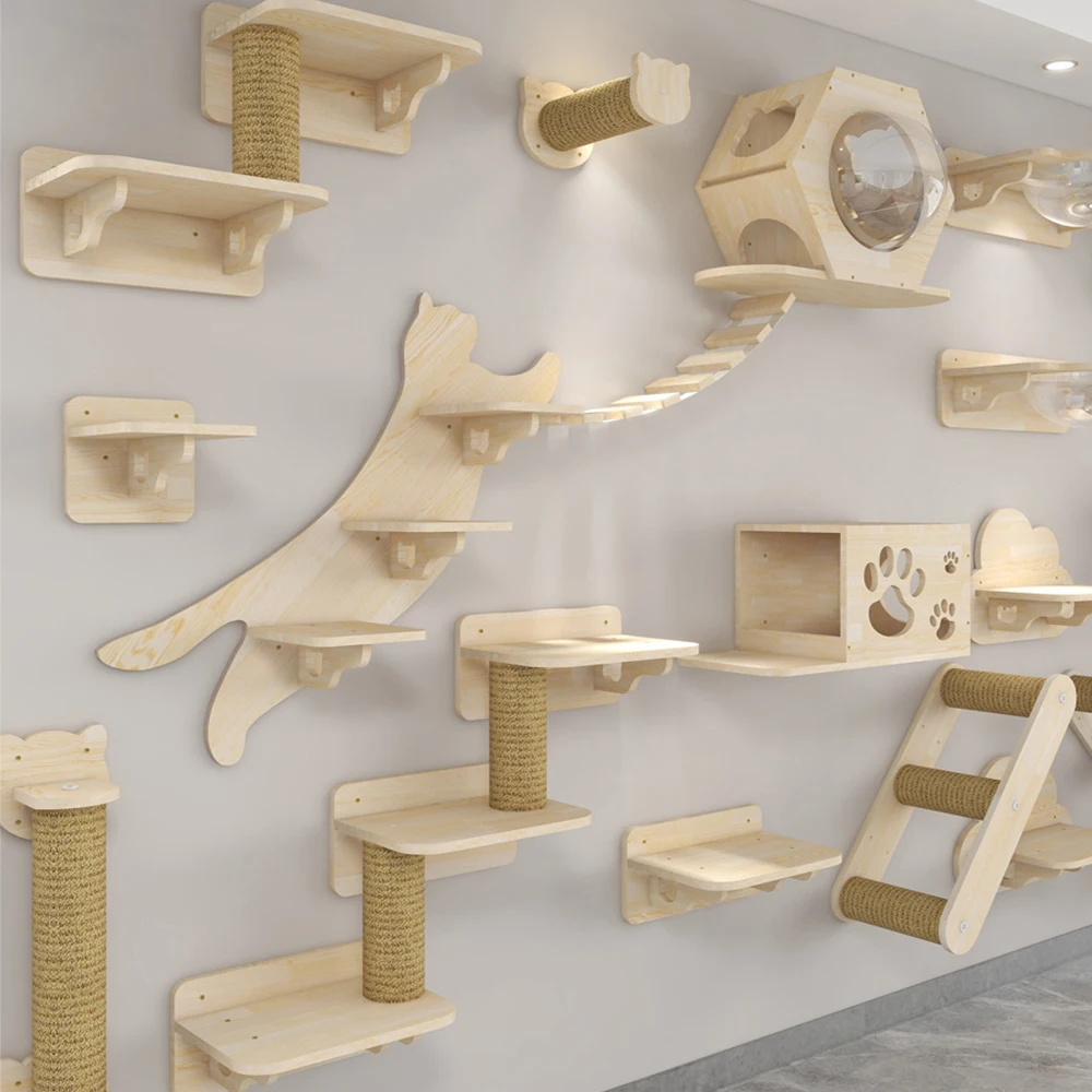 Estantes para gatos montados en la pared, poste rascador para plataforma de salto para gatos y hamaca para gatos, escalera de cuerda, muebles de madera para pared, 1 ud. - imagen 5