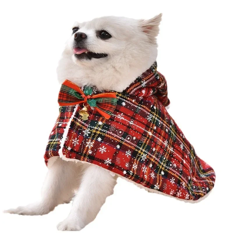 Abrigo rojo a cuadros para mascotas, traje de Navidad para perros transformados en gato, capa de felpa navideña, ropa para perros pequeños, ropa para cachorros - imagen 5