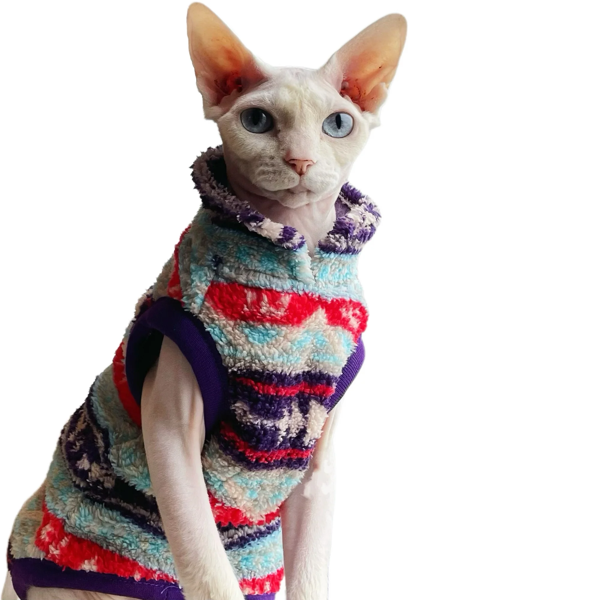Disfraces de Año Nuevo para gato Sphynx, sudadera de lana colorida para gato sin pelo, pijamas gruesos de manga corta suaves de invierno para gatitos - imagen 4
