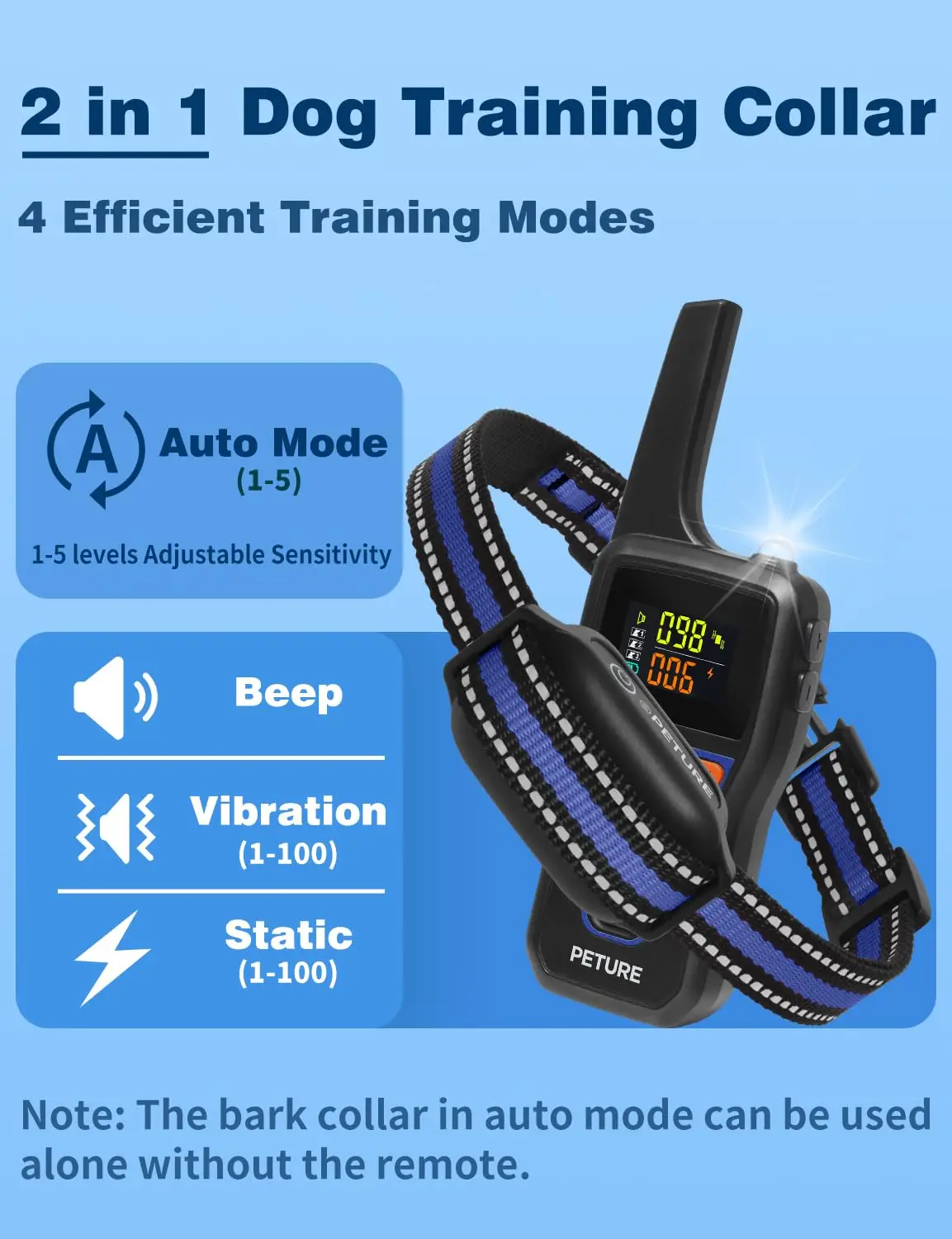 Coleira antilatido para cães com controle remoto (7-120 libras), coleira 2 em 1 automática de latidos e treinamento de 3300 pés, coleira de treinamento para cães à prova d'água IPX7 - imagen 2