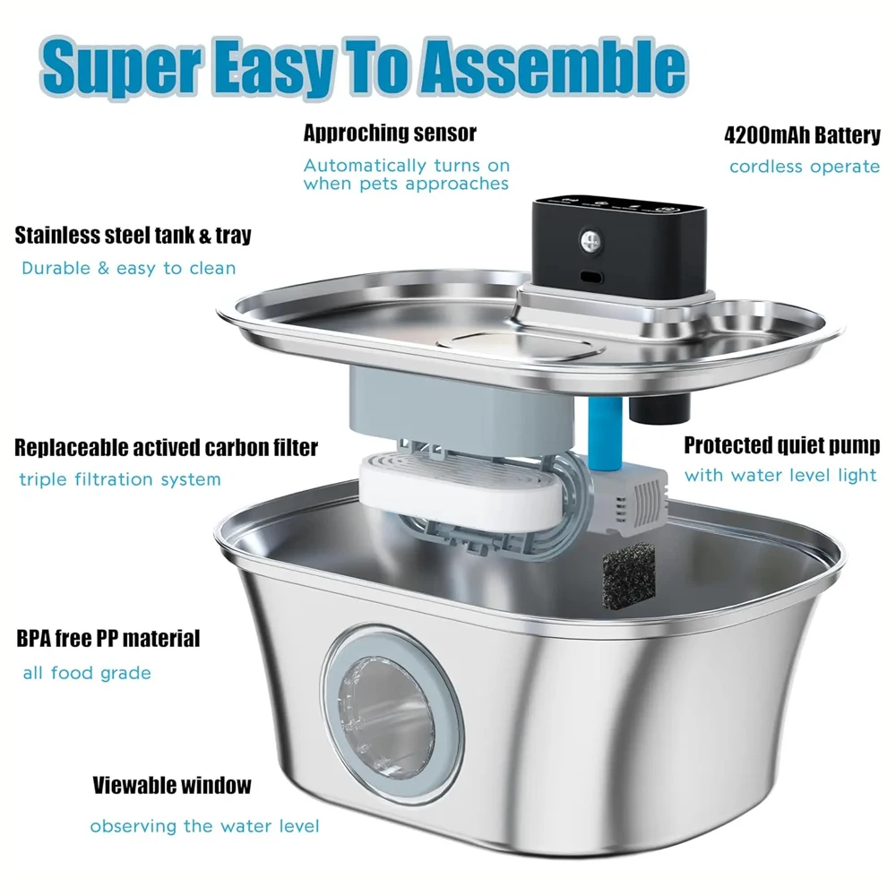 Fuente de agua para gatos de 3,2 L, dispensador automático de agua para mascotas de acero inoxidable con Sensor de movimiento de 4200mAh, bebedero multiltración - imagen 2