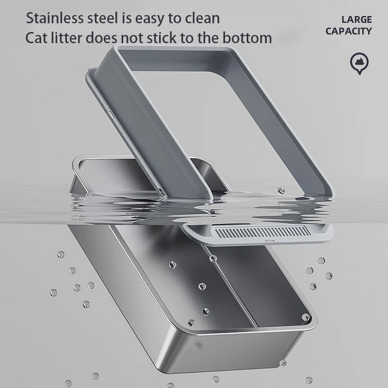 Caja de arena para gatos acero inox grande con tapa y lados altos - imagen 3