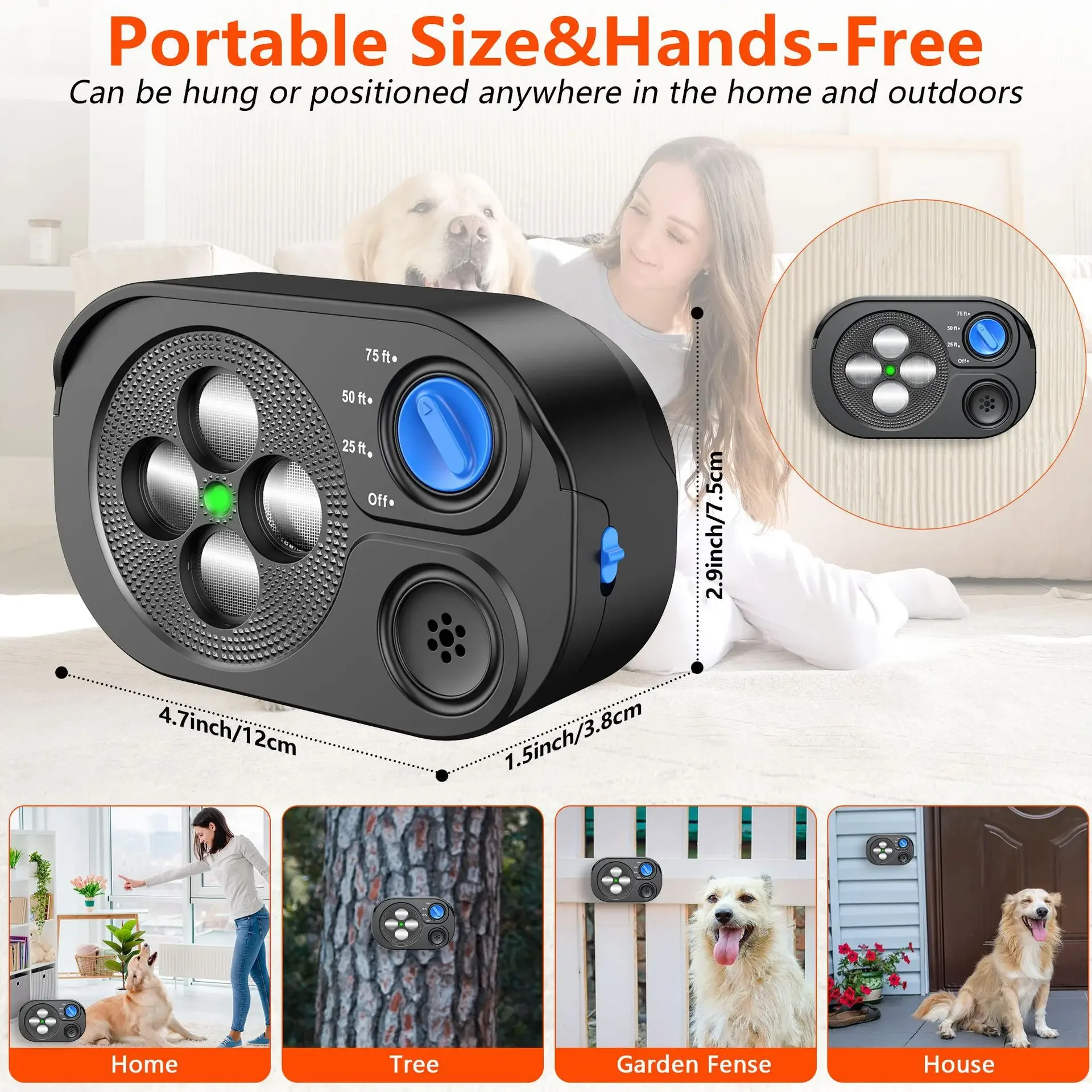 Dispositivo ultrasónico antiladridos para perros, 3 modos, Control de ladridos, frecuencias de ultrasonido variables, silbato automático, silenciador de alcance de 75 pies - imagen 2