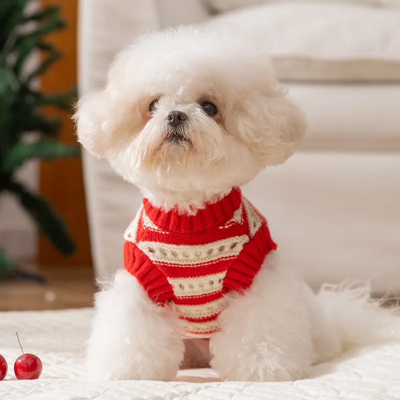 Ropa de invierno para perros, suéter para perros cereza, abrigo cálido de punto clásico para perros pequeños, ropa para cachorros de Chihuahua Bichon Yorkie, jersey para mascotas - imagen 5