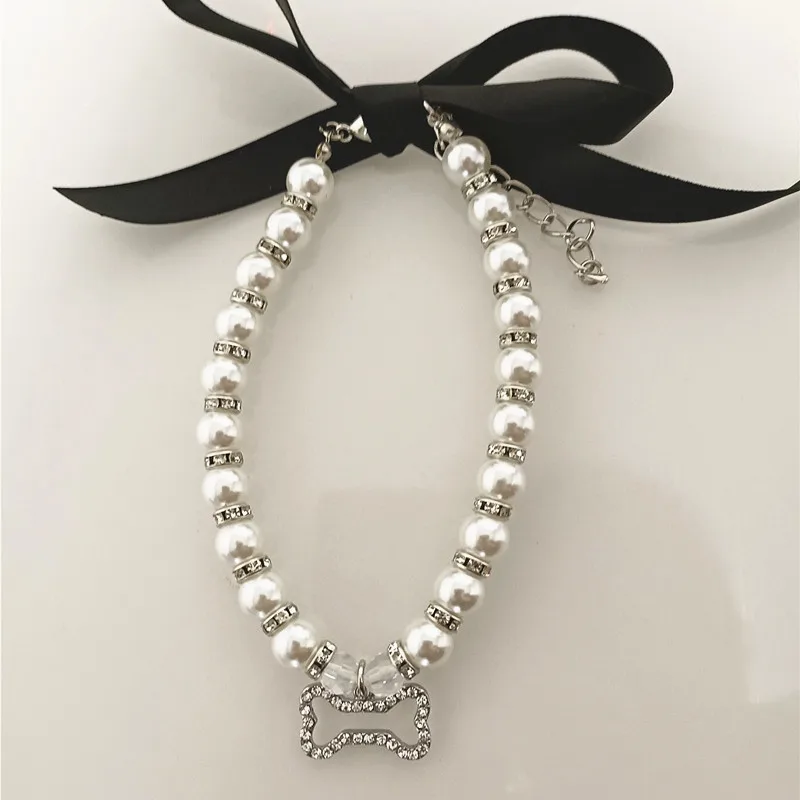 Collar de perlas de imitación para mascotas, accesorios para gatos y perros, colgante de hueso con incrustaciones de diamantes, Cinta Negra, accesorios para mascotas - imagen 4