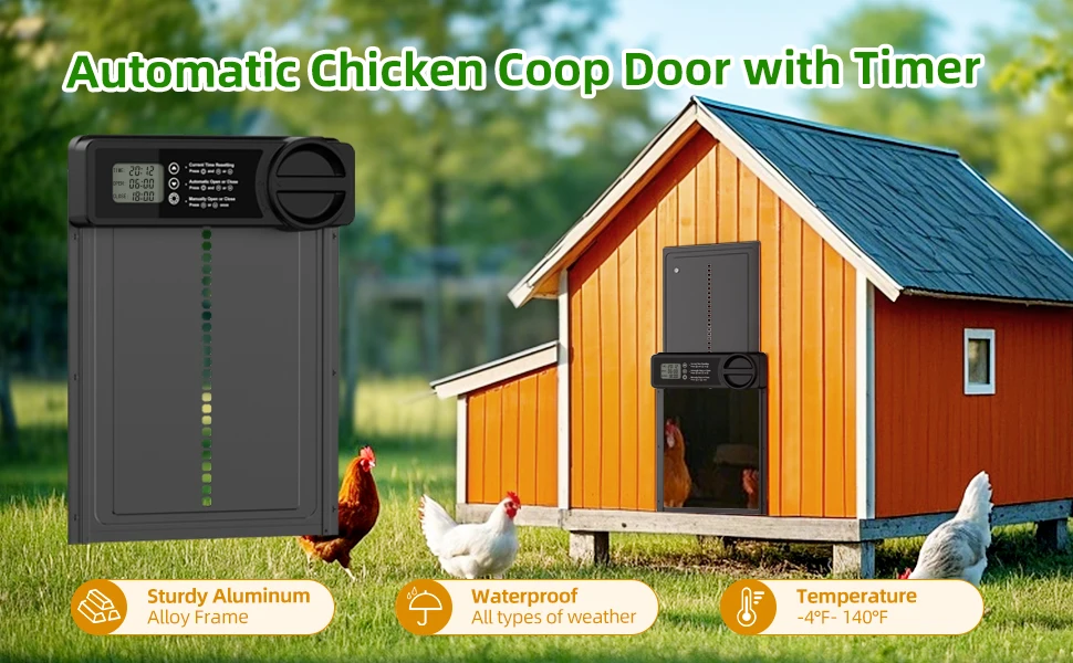 Puerta automática para gallinero con panel LCD y temporizador