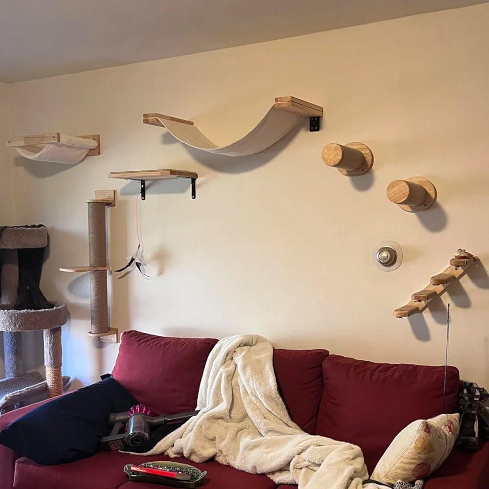 Muebles de pared para gatos de interior con estantes, poste rascador, plataforma para saltar y escalera de cuerda para hamaca para escalar y relajarse - imagen 5