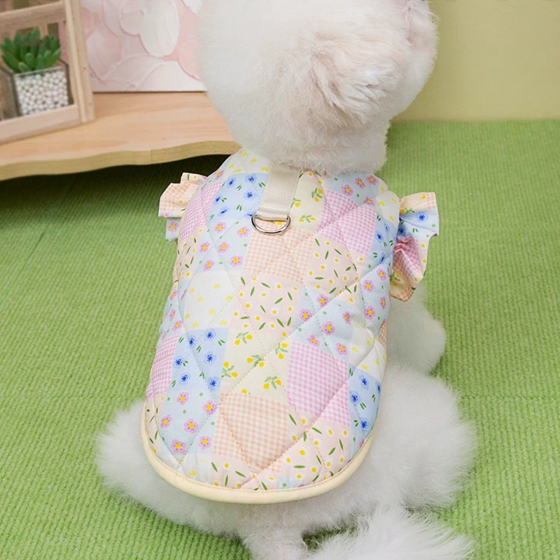 Mini chaleco Floral de invierno para mascotas, para perros pequeños y medianos, Chihuahua, monos de gatito con entramado, manga aleteo, ropa para cachorros de Año Nuevo