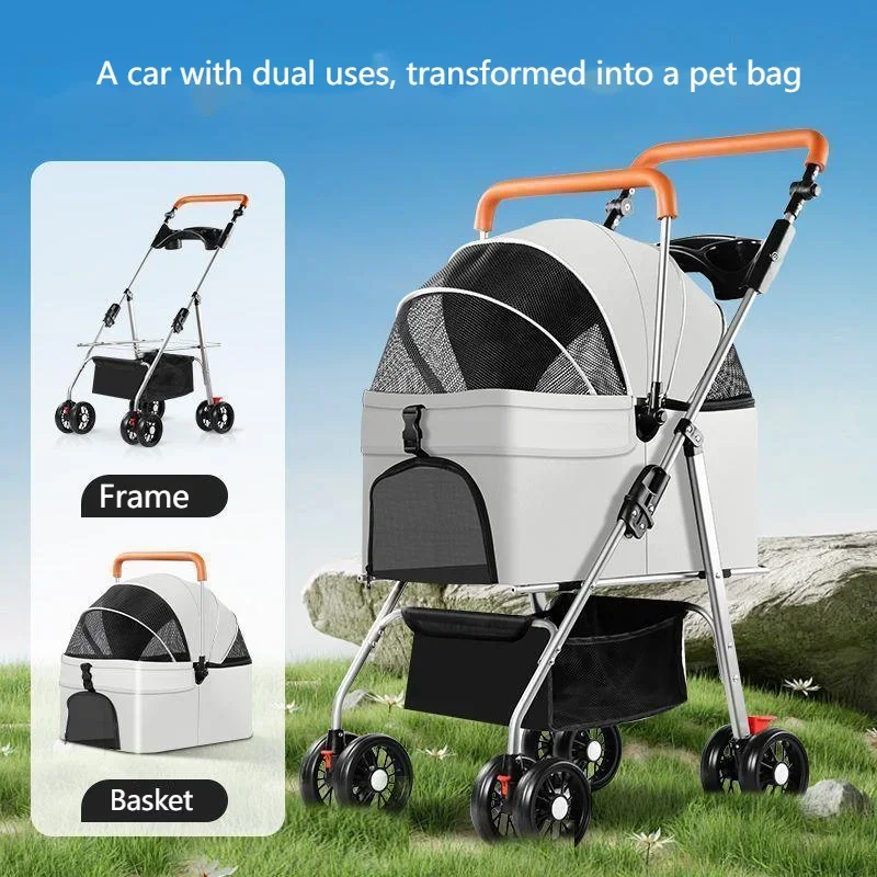 Cochecito para mascotas para perros, gatos y perros, bolsa ligera y plegable, empuje externo desmontable, caminar para perros, transporte desmontable