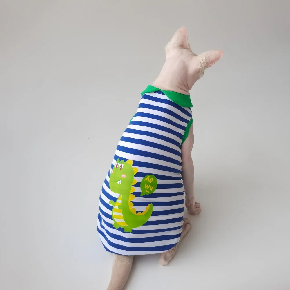 Cartoon Striped T-shirt for Sphynx Cat in Spring Summer Cute Blue Dinosaur Polo Suit Black Sleeveless Fashion Vest for Devon Rex - imagen 3