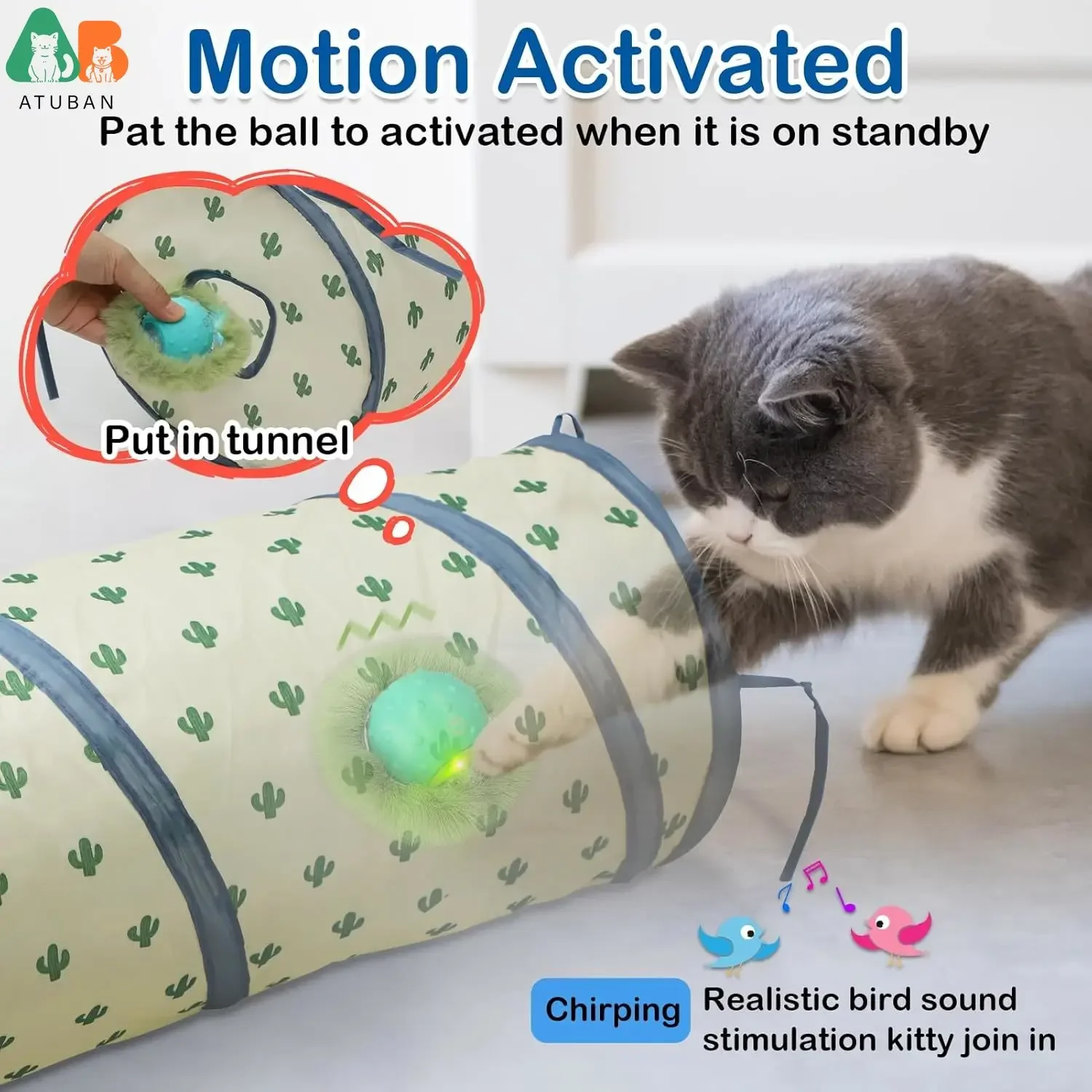 ATUBAN-Túneles interactivos para gatos con bola automática, persecución brillante, movimiento activado, juguete interactivo para gatos, juegos de cuevas - imagen 2