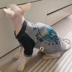 Ropa de gato Invierno gris terciopelo Uniformes de béisbol Sudadera de monograma de dibujos animados para Sphynx Gato Grueso cálido abrigo de primavera para Devon Rex