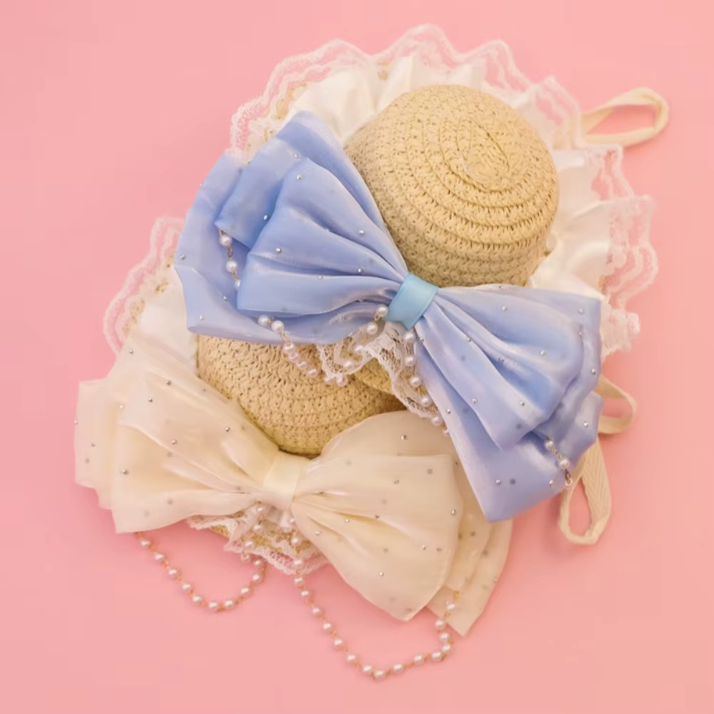 Sombrero de paja ajustable para gatos y perros pequeños con perlas