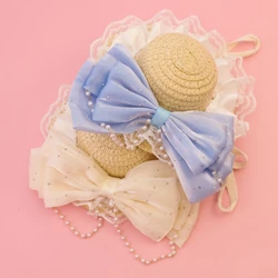 Sombrero de paja ajustable para gatos y perros pequeños con perlas