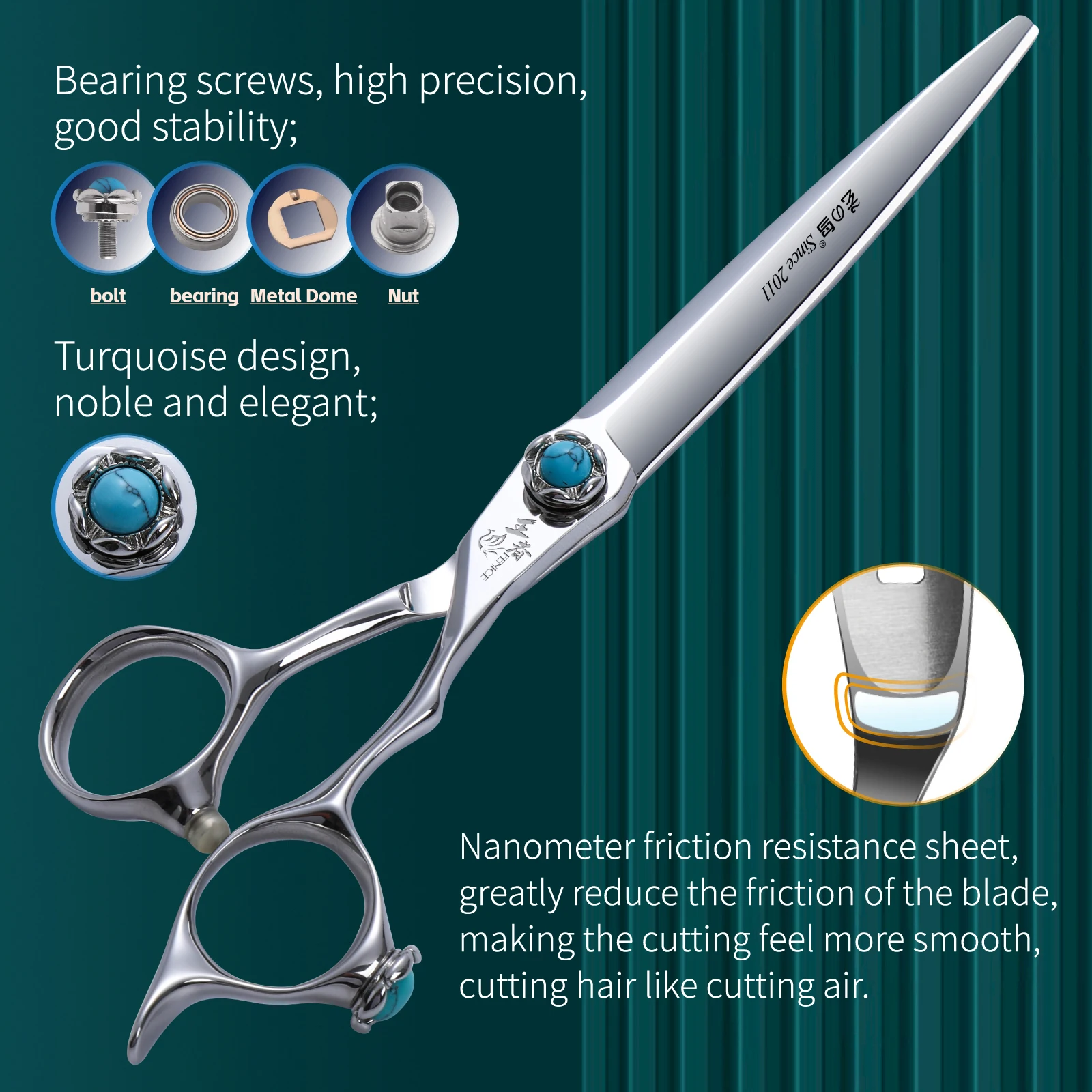 Fenice-Tijeras profesionales de peluquería para perros, 7 pulgadas, VG10, cojinete turquesa, tornillo recto - imagen 4