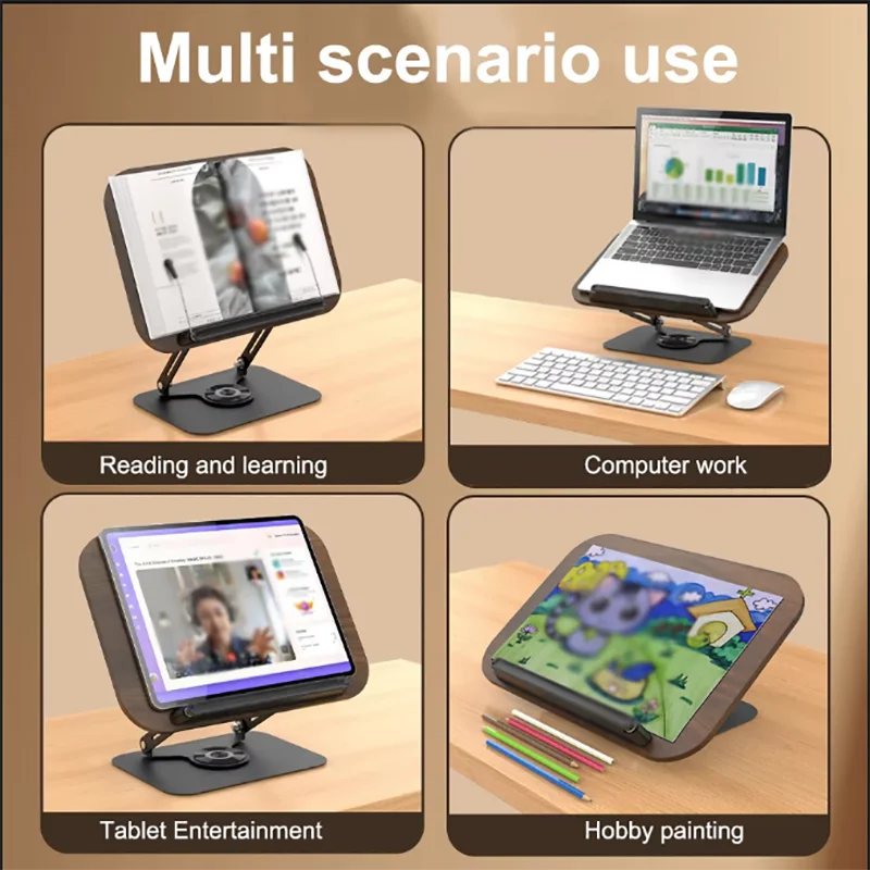 Soporte para libros de lectura, soporte para ordenador portátil con 360 °   Panel de madera con base giratoria y clips de página plegables y ángulos para libros de texto - imagen 3