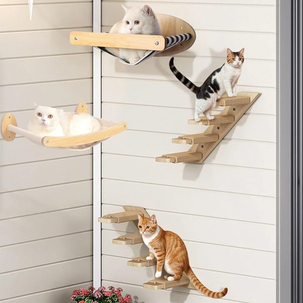 Estantes y perchas de pared para gatos, muebles para gatos montados en la pared con puente de hamaca, árbol para gatos y postes rascadores para gatos de interior - imagen 2