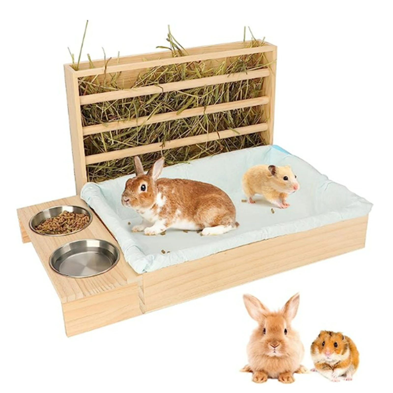 Alimentador de conejo de madera con caja de arena, dispensador de comida para hámster, suministros de alimentación de Chinchilla para animales pequeños - imagen 4
