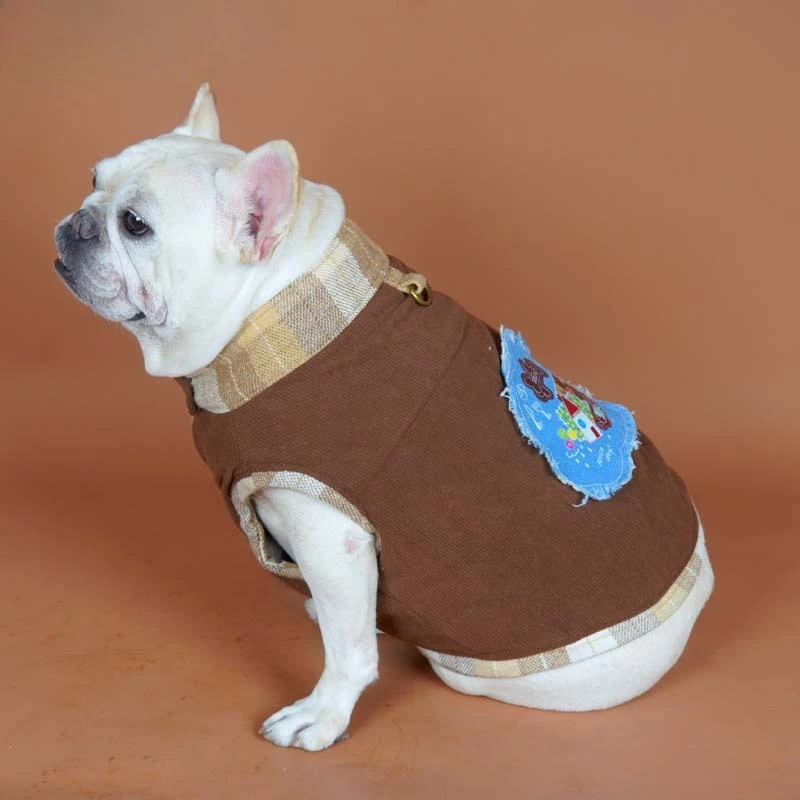 Chaleco a cuadros de cuello alto para otoño e invierno, chaleco vaquero de peluche con mecha bordada, ropa para cachorros - imagen 4