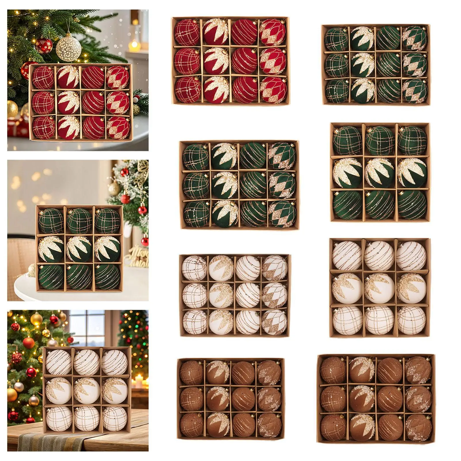 Bolas de Navidad flocadas, adornos, colgantes de bolas, decoraciones ligeras para árboles de Navidad para celebración de patio, restaurante interior