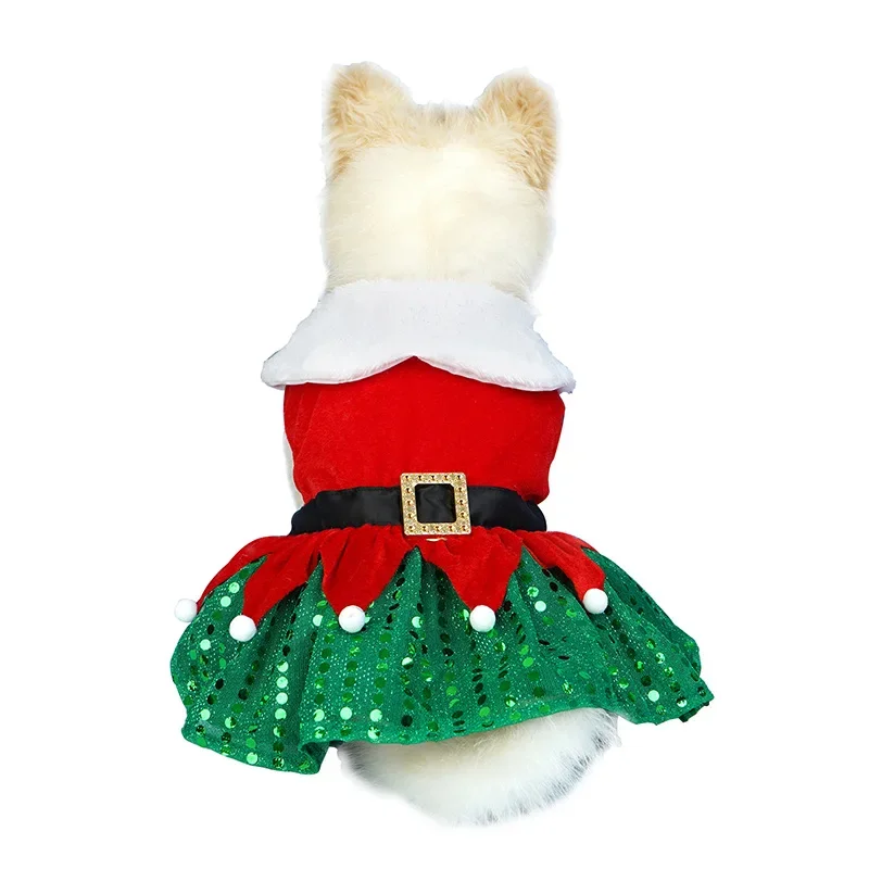 Disfraz navideño para perros pequeños y medianos, vestido navideño para perros, traje estilo elfo de Papá Noel con falda de lentejuelas, ropa festiva para - imagen 5