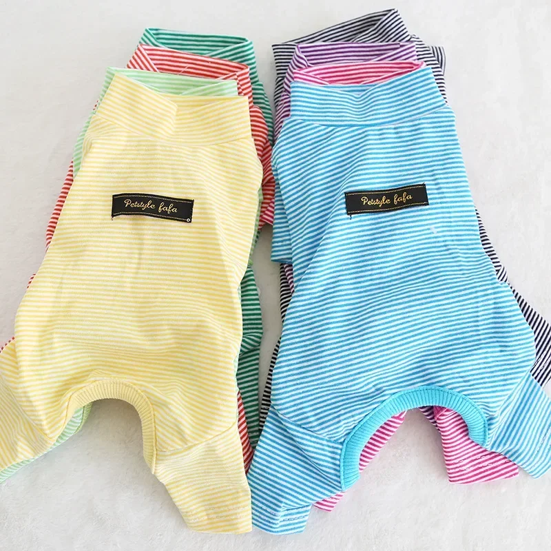 Camisa básica a rayas de algodón puro para otoño e invierno, mallas de ocho colores, mono de cuatro patas para mascotas, pijamas para perros, ropa para cachorros - imagen 2